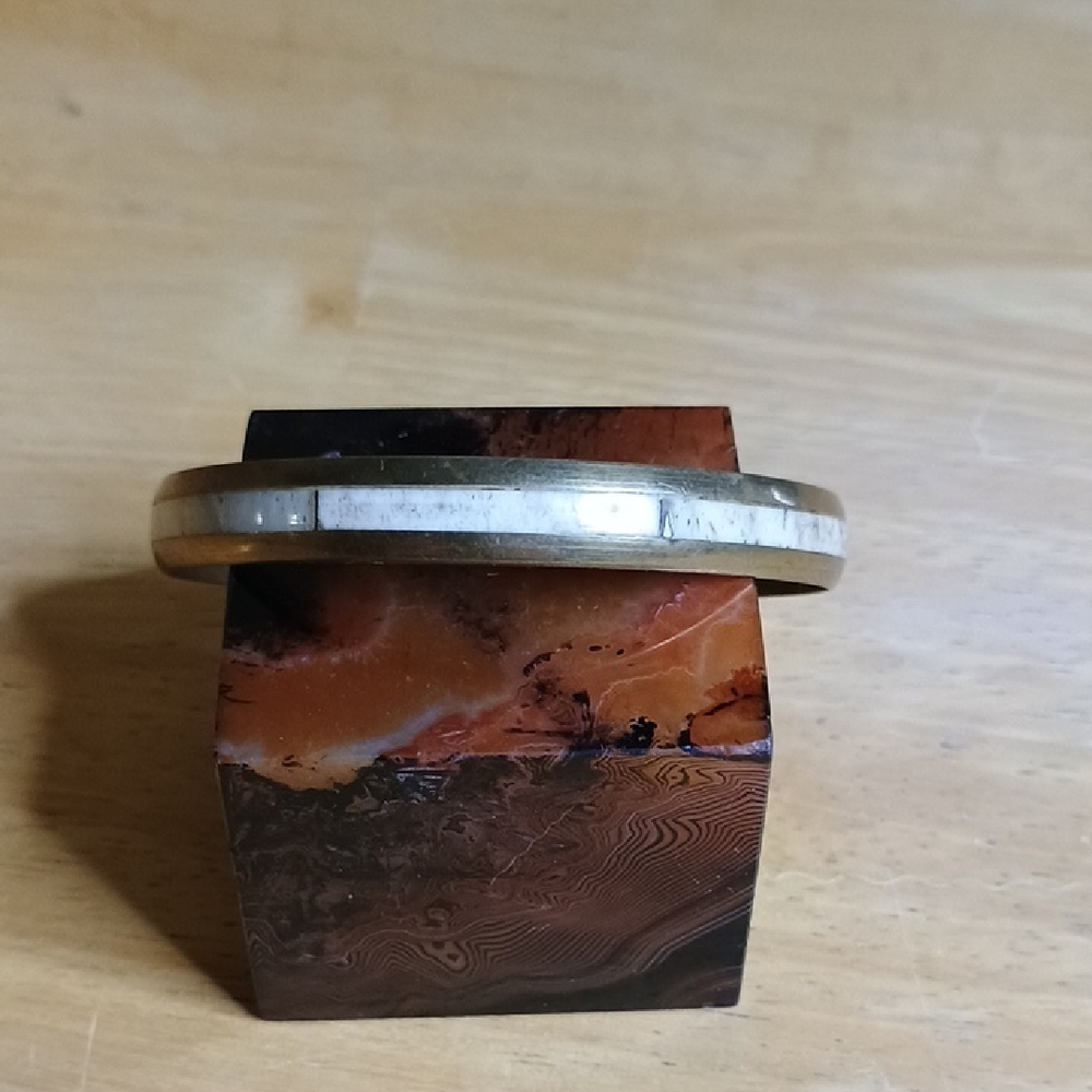 Vintage Brass Bangle Bracelet with Bone Inlay Strip